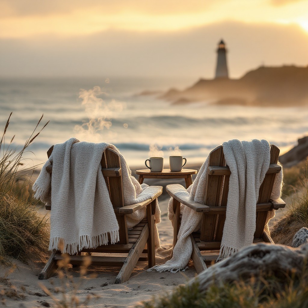 Two wooden chairs with cozy blankets facing the ocean at sunset, symbolizing renewal, reflection, and connection across generations.